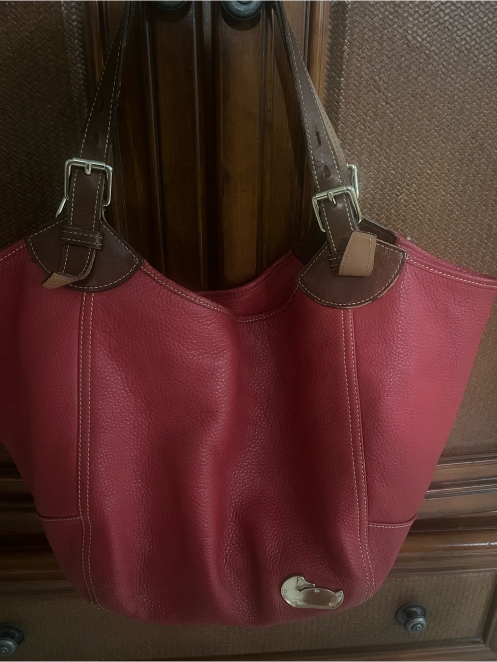Dooney & Bourke Red Leather Shoulder Tote Bag with Brown Trim